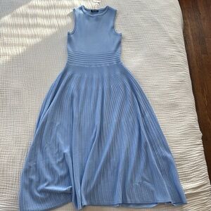 sleeveless blue knit comfortable flattering dress